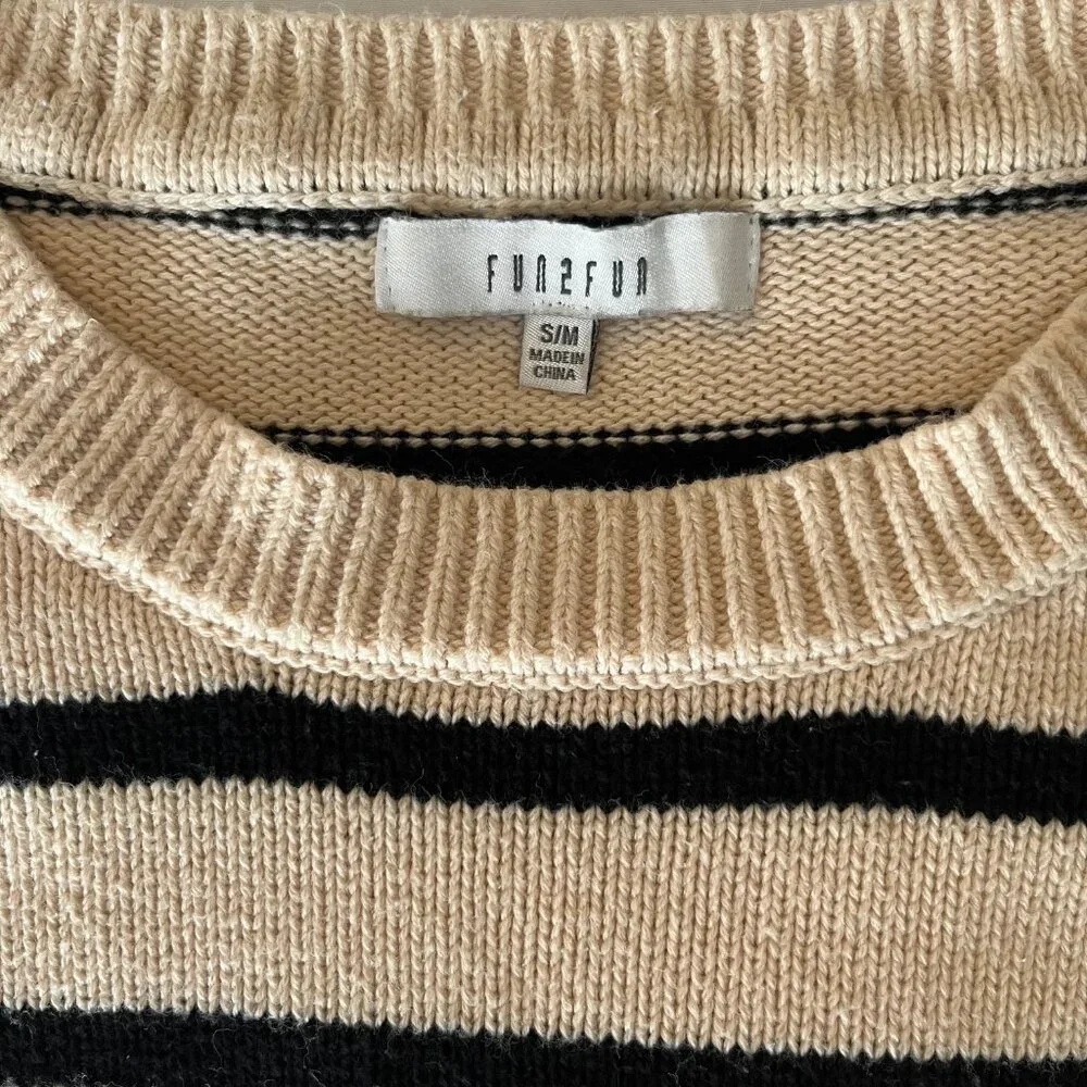 100% Cotton Cream and Black Striped Sweater with Split Hem | Size S/M - Picture 3 of 5